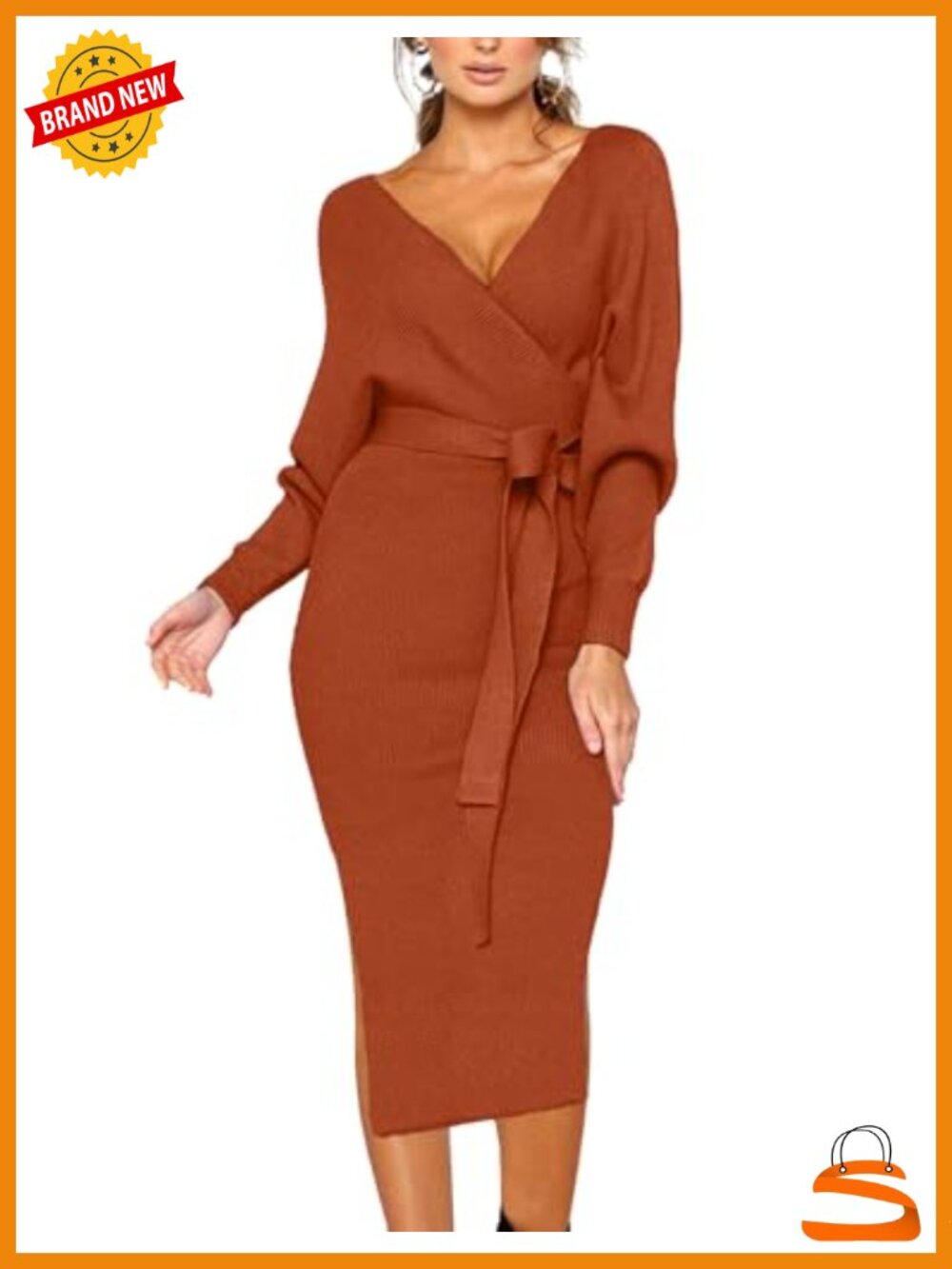Sweater Dress V Neck Batwing Long Dress with Belt